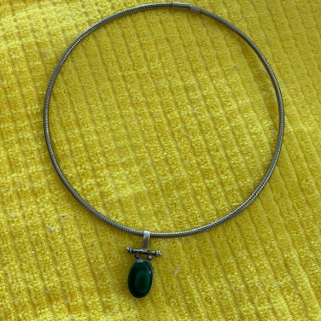 Vintage Silver Omega Necklace W Thick Oval Malachite & Silver Pendant